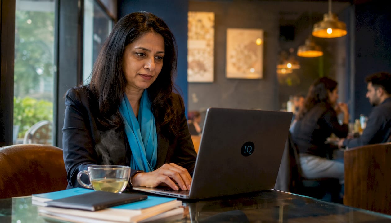Woman using AI business software at home desk