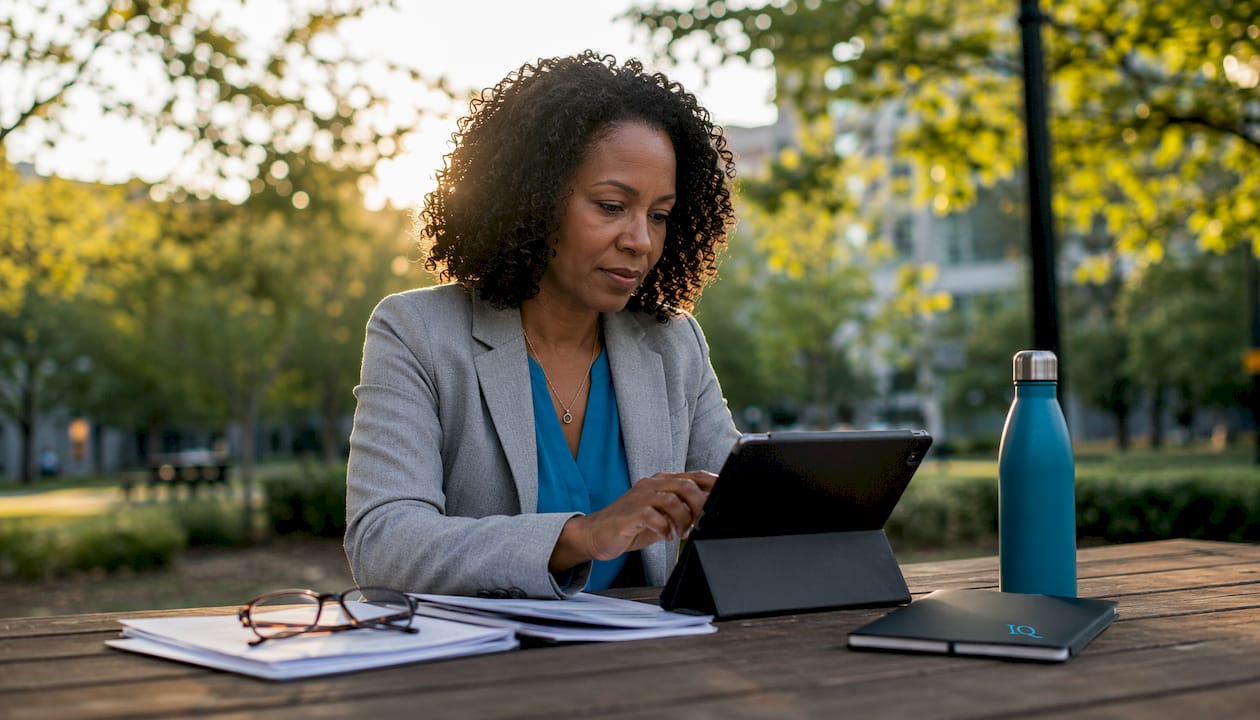 Woman interacting with AI validation tool on tablet at co-working space