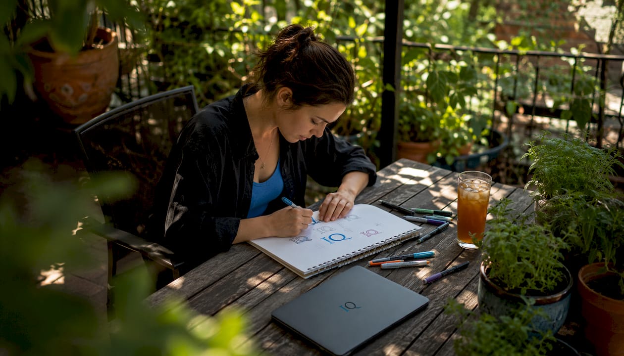 Founder sketching logos at home office desk