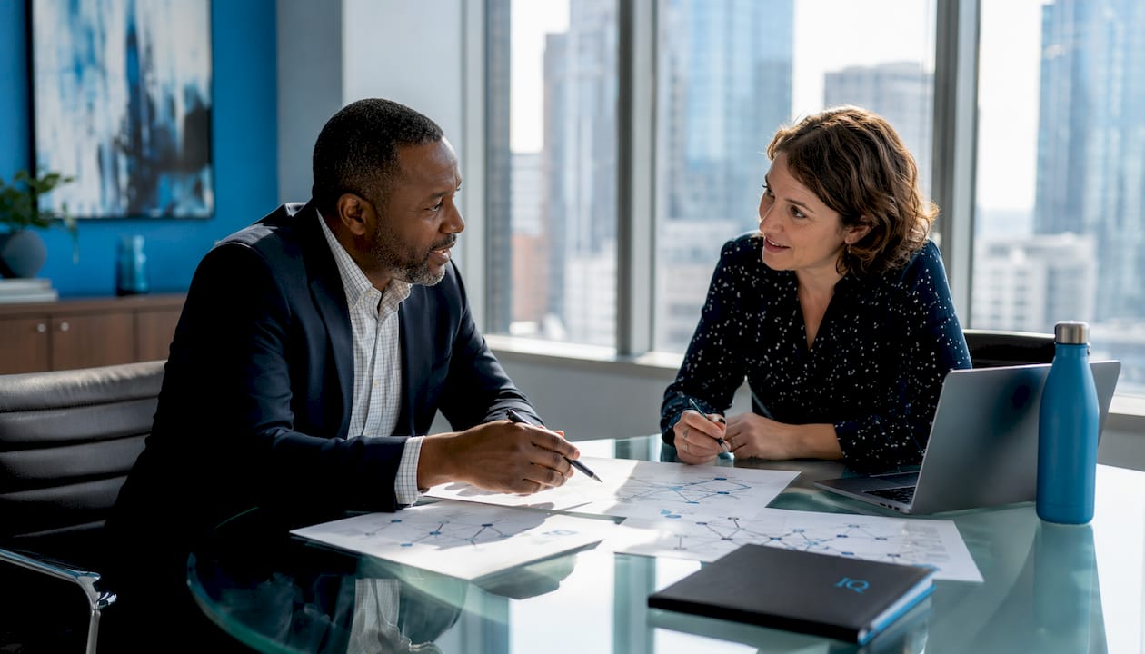Two colleagues discussing AI explainability in meeting