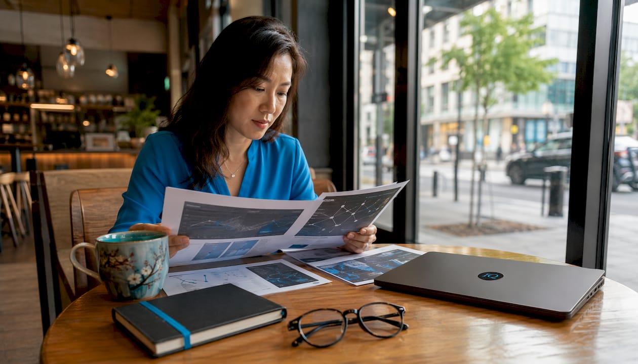 Woman working on AI data analysis at desk
