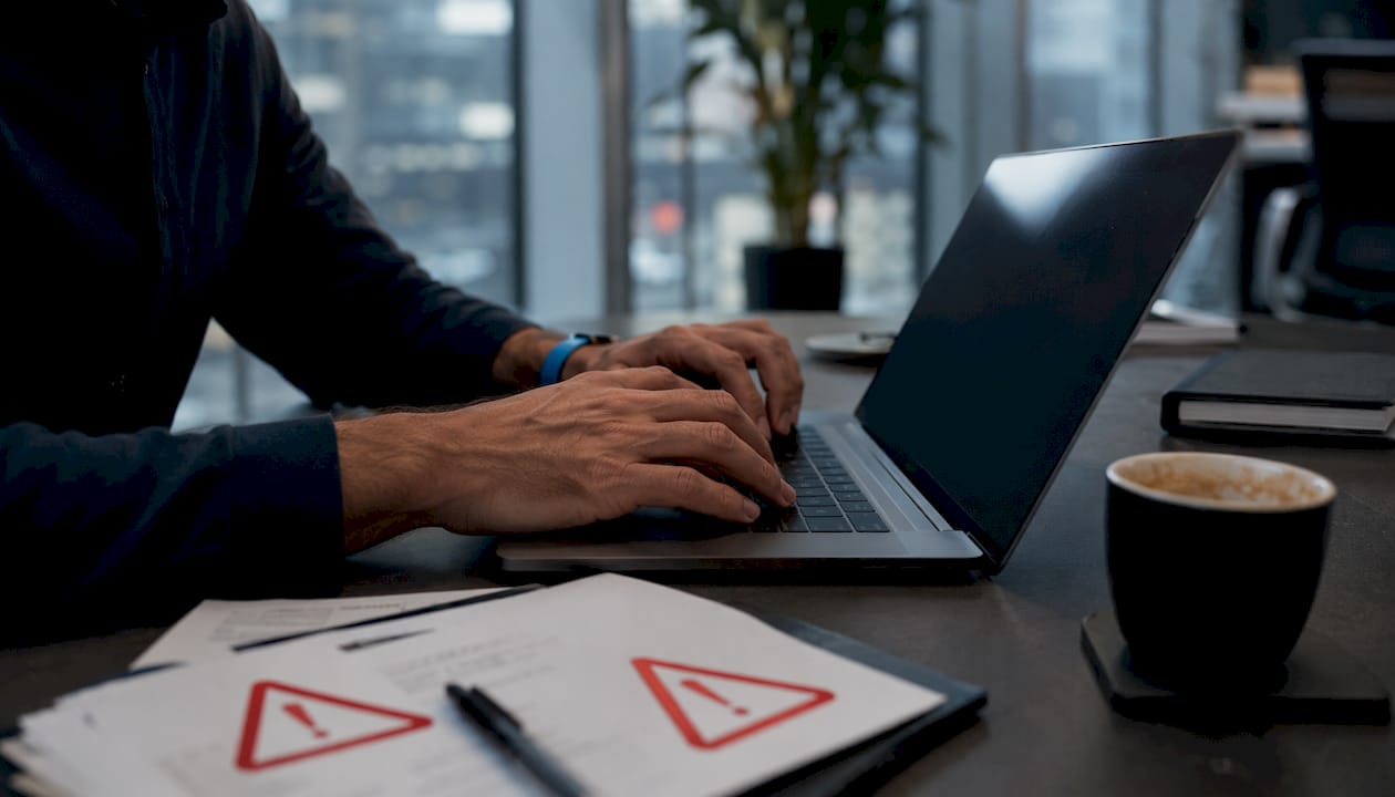 Entrepreneur reviewing red flags on laptop close-up