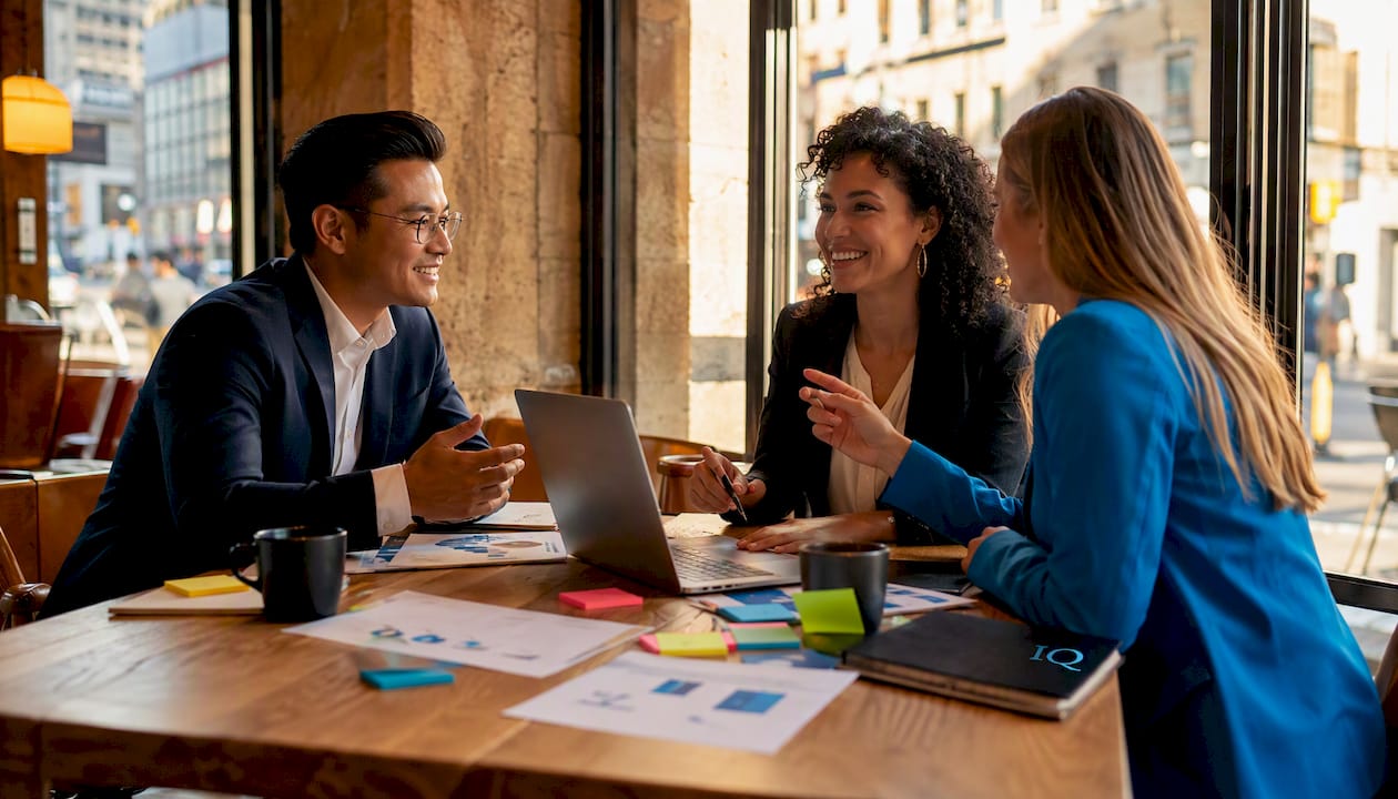 Team discussing AI business tools in office