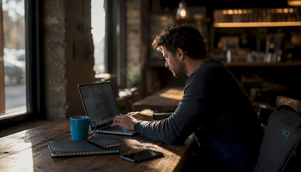 Solo founder working at home desk on laptop