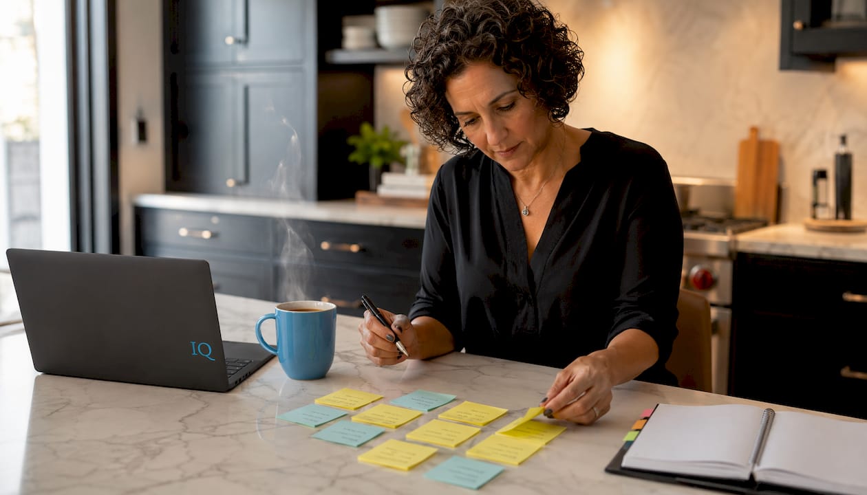 Founder prioritizing tasks with notes in café