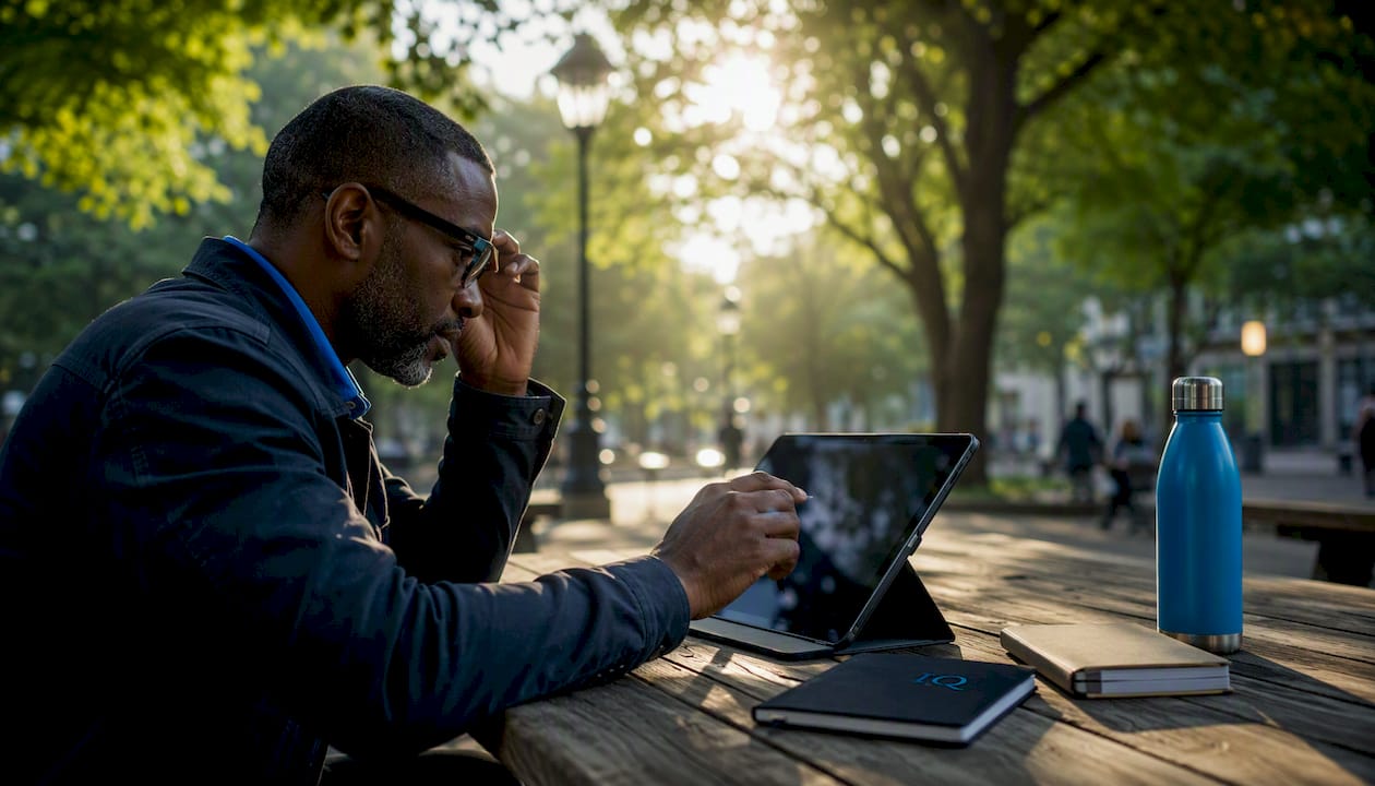 Hands using AI content creation on laptop in café