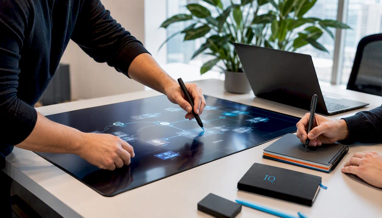 Hands manipulating AI microflow architecture