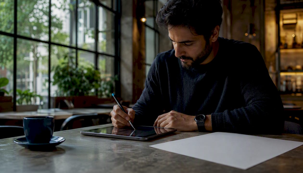 Founder writing startup proposal on digital tablet
