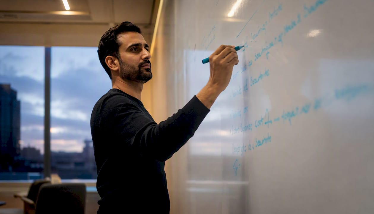 Founder writing OKRs on glass board