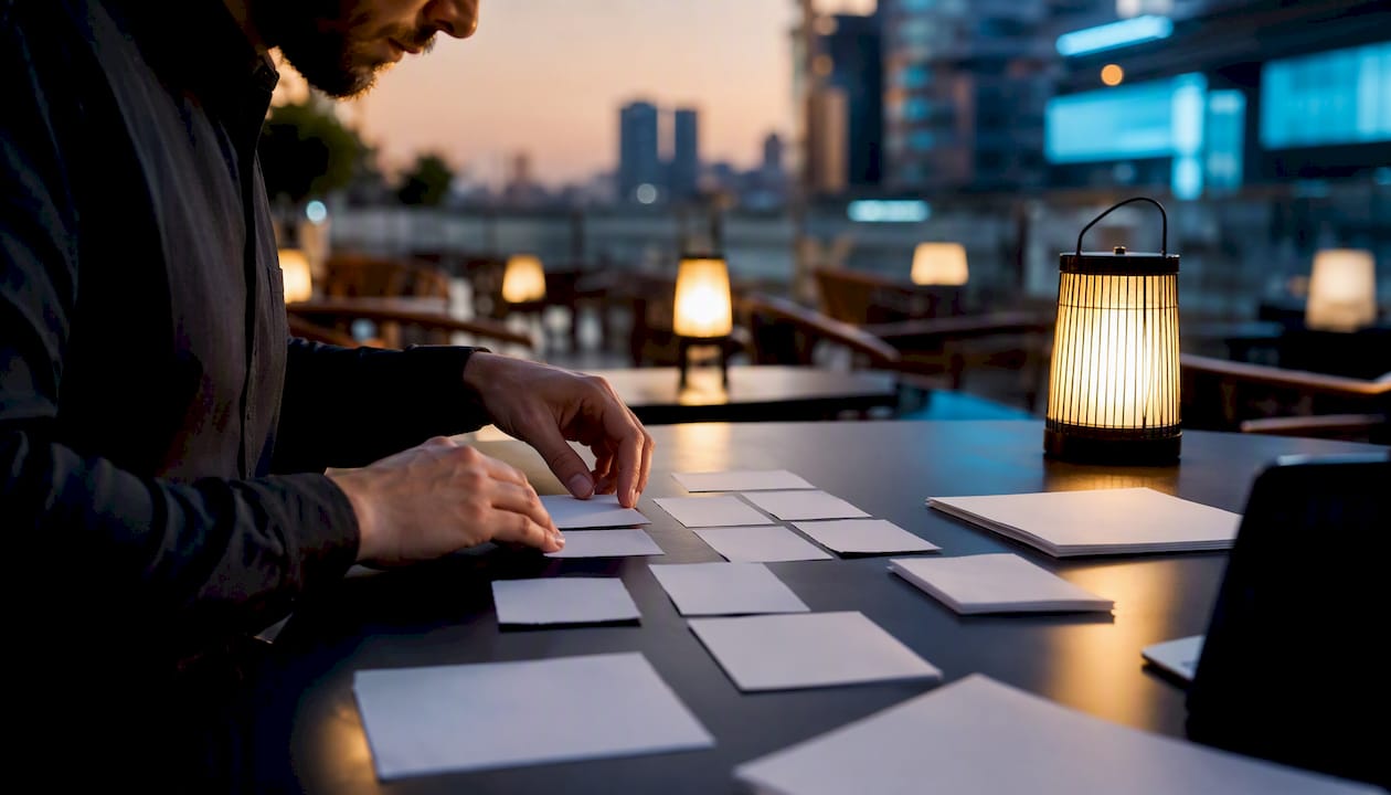 Hands drafting cold email framework on paper