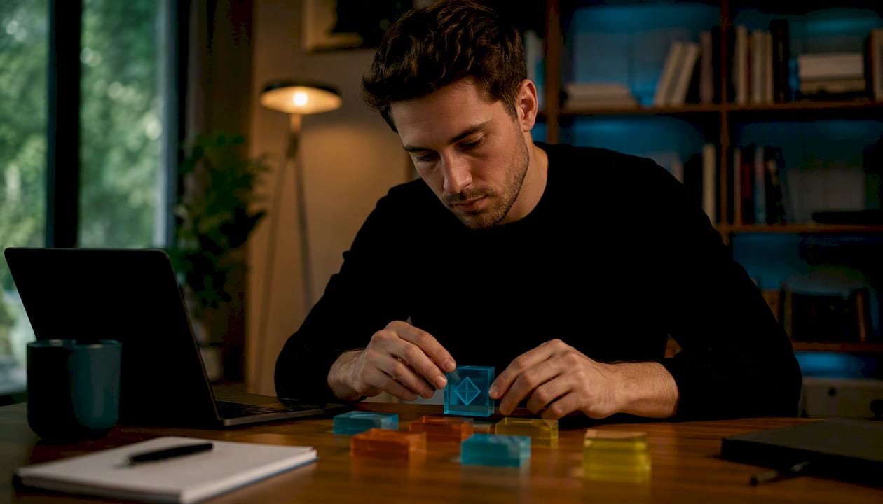 Hands arranging task blocks on dark glass table