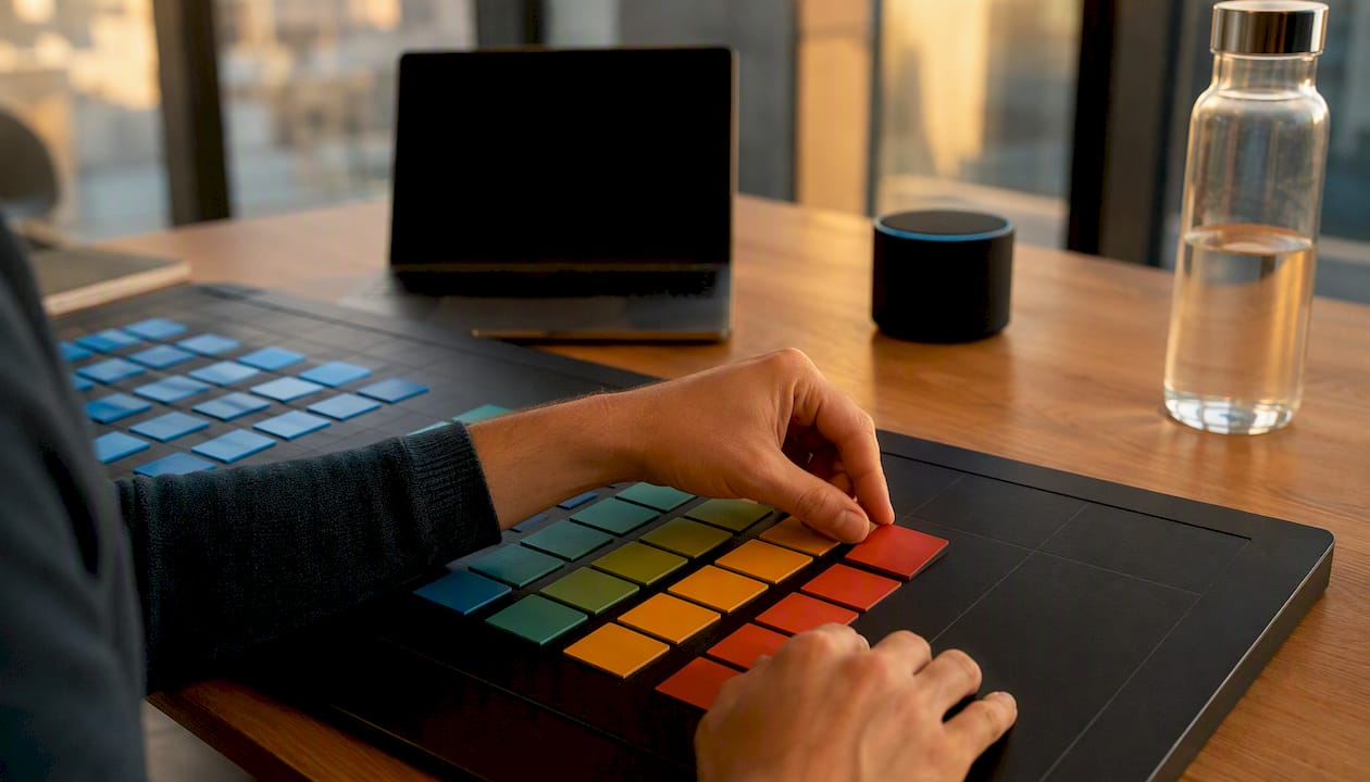 Hands arranging magnetic tiles on heatmap board