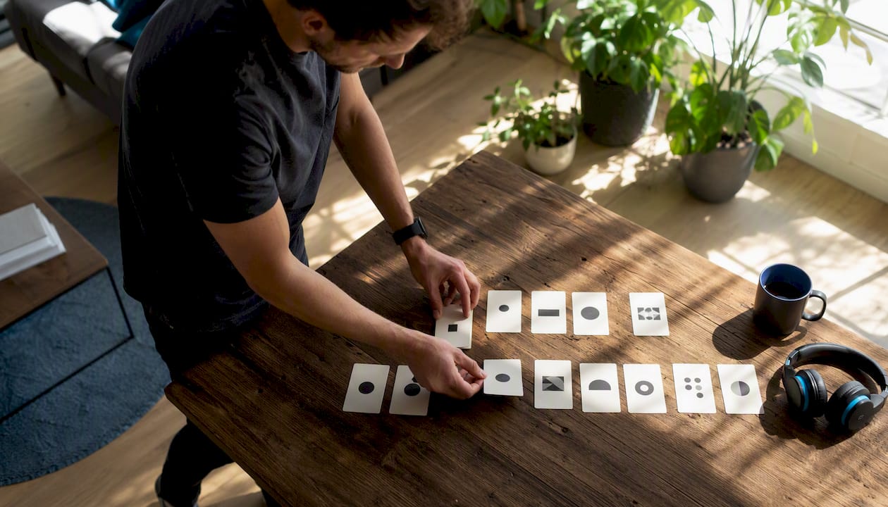 Founder arranging cohort data cards on desk