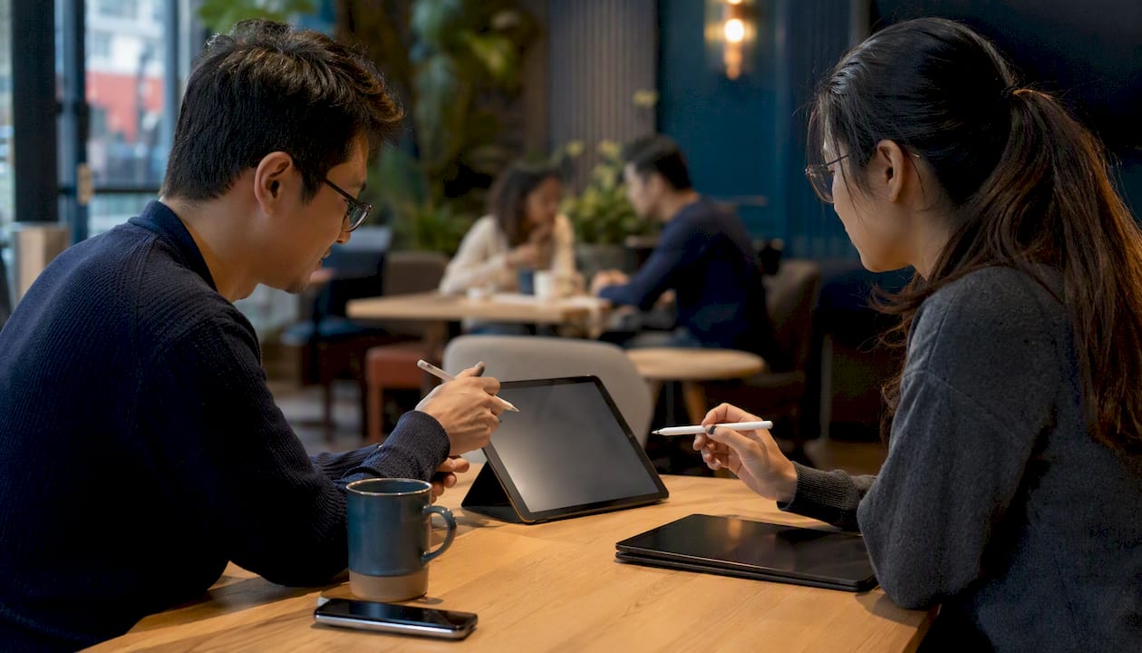 Two people collaborating on drafting product requirements