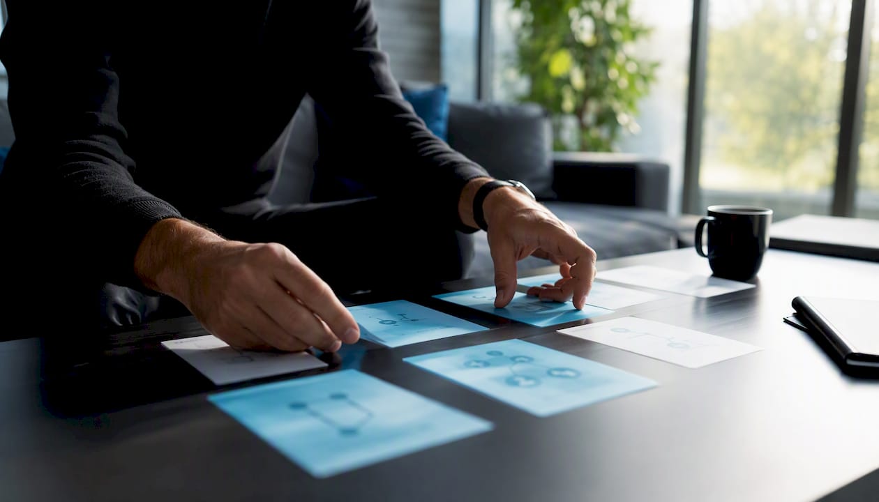 Hands organizing startup roadmap cards