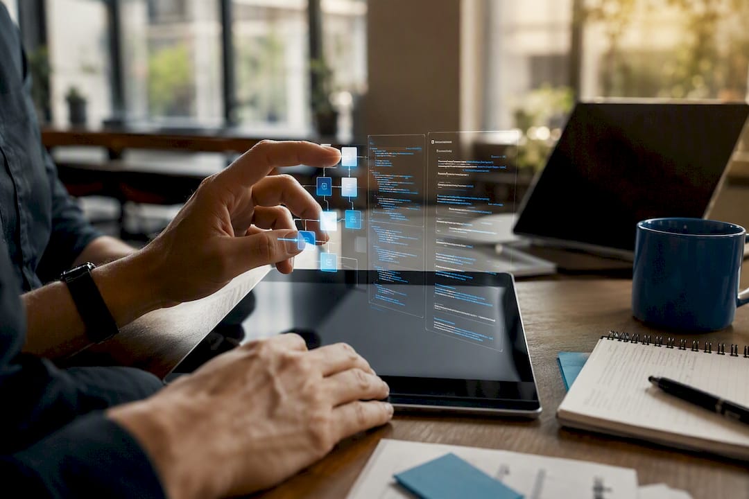 Founder hands engaged in programming AI startup