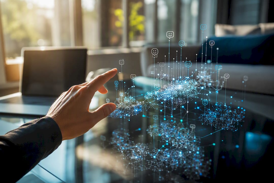 Hand interacting with holographic feedback data clusters