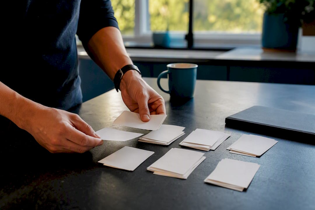 Hands sorting customer feedback cards on desk