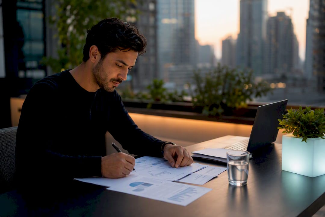 Hands analyzing SaaS churn charts on desk