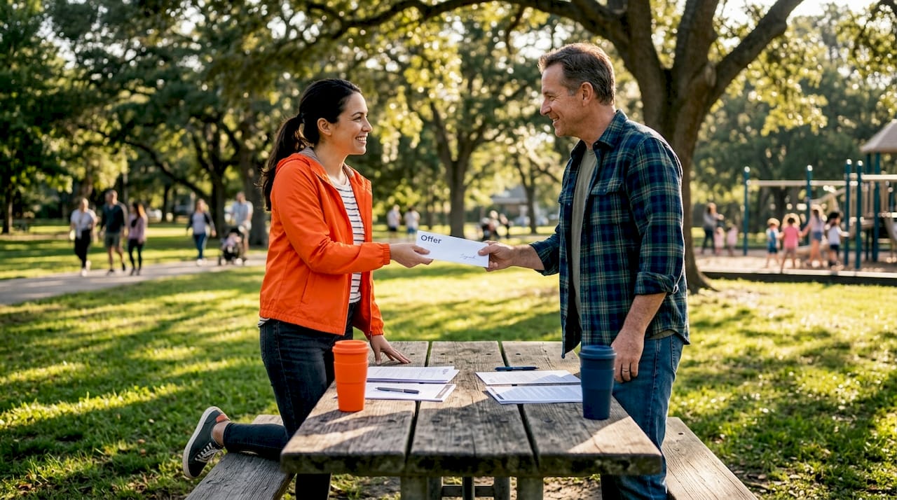 Agent giving cash offer envelope in city park