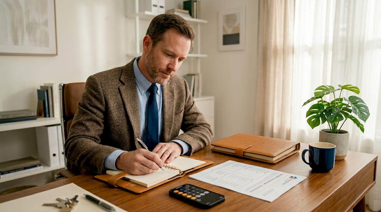 Investor calculating home cash offer details