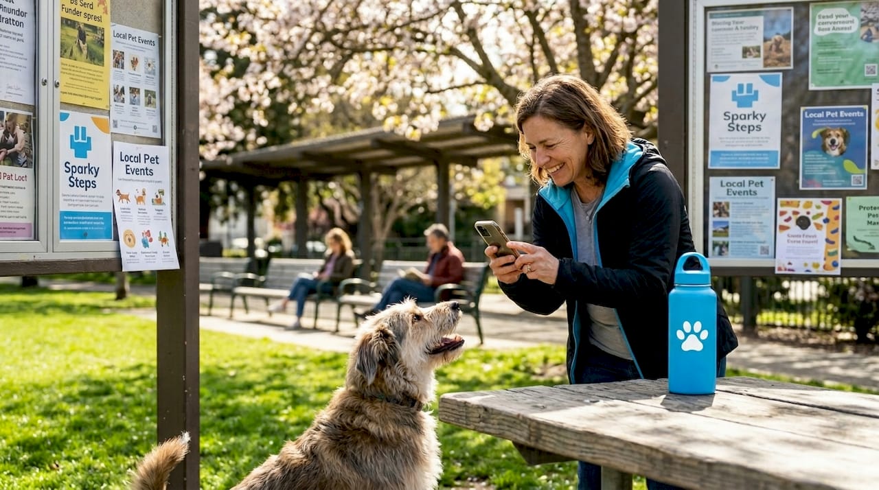 Pet sitter photographing dog in Chicago park