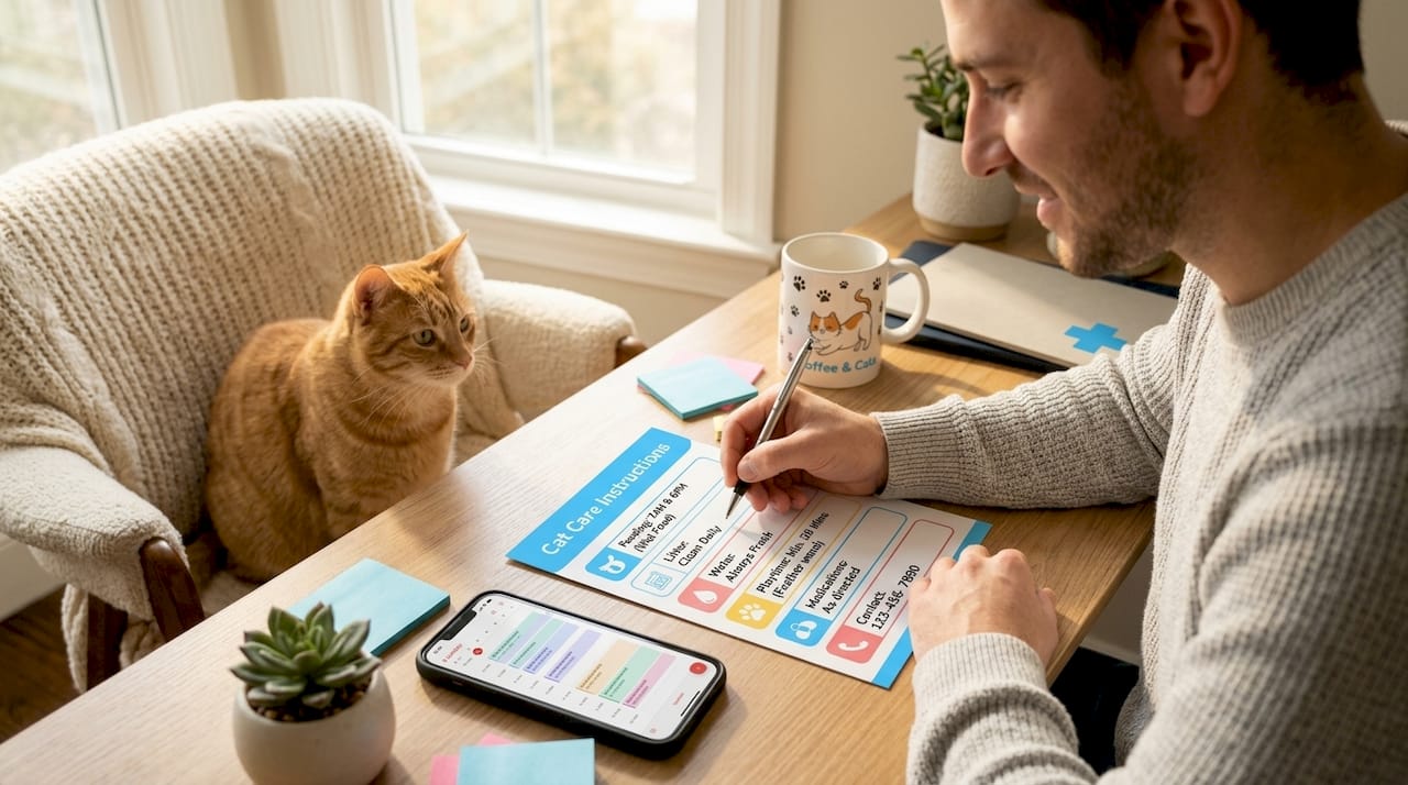 Cat sitter writing routine checklist at home