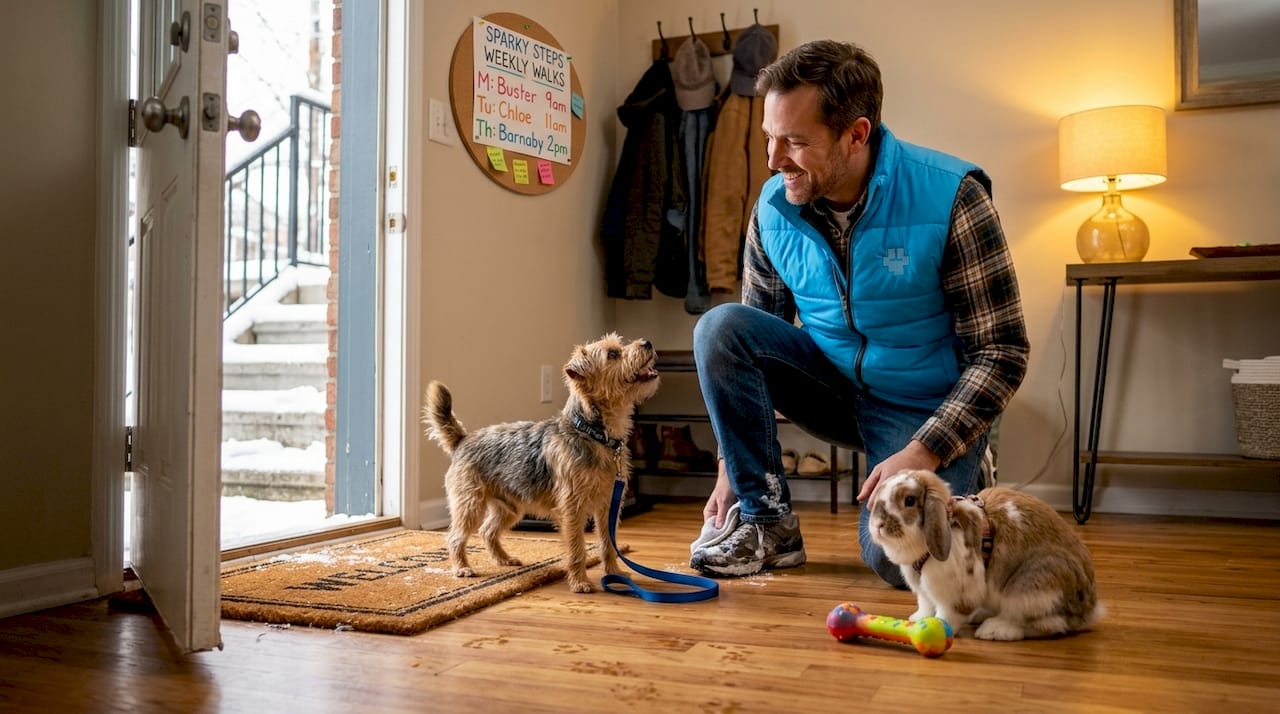 Pet sitter with small dog and rabbit in Chicago apartment