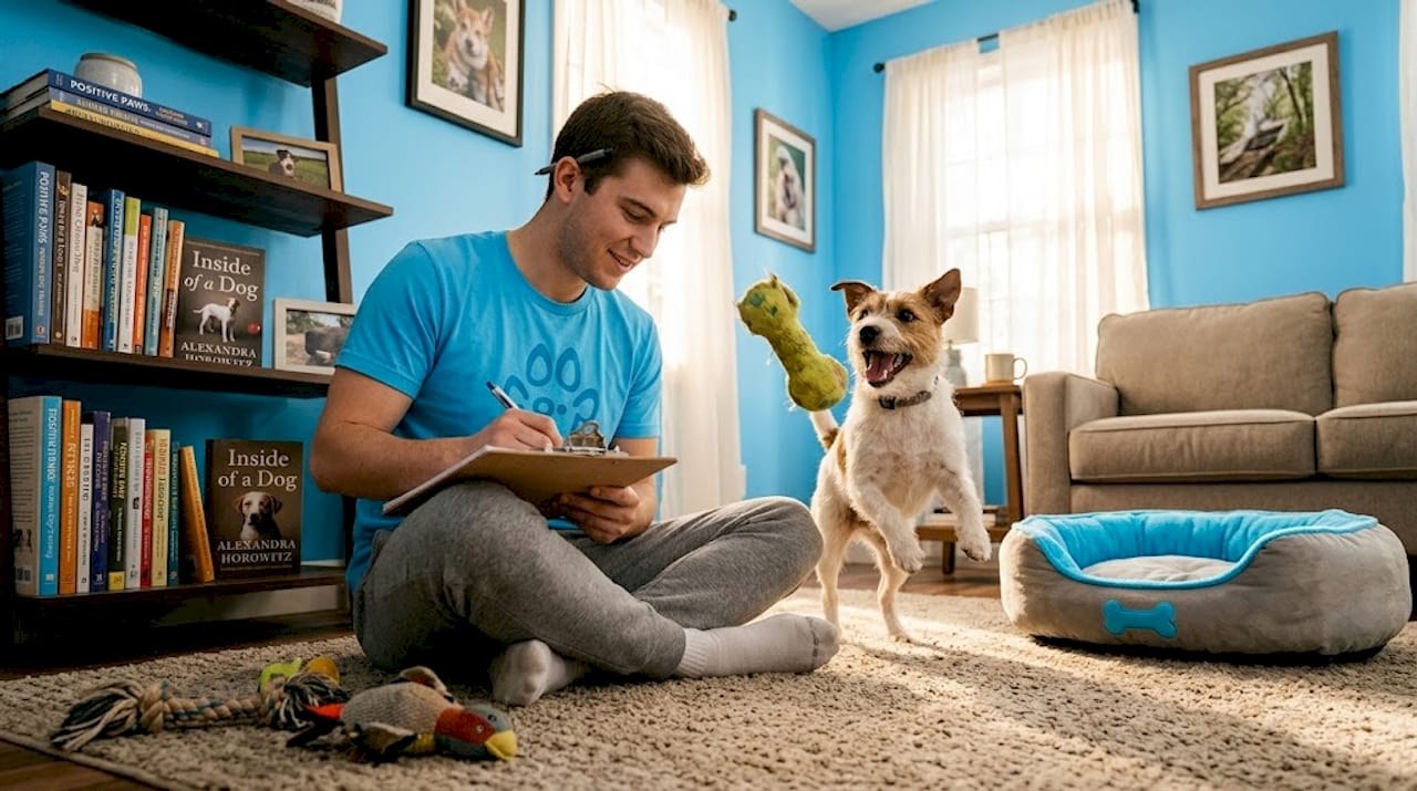 Pet sitter playing with dog during home visit