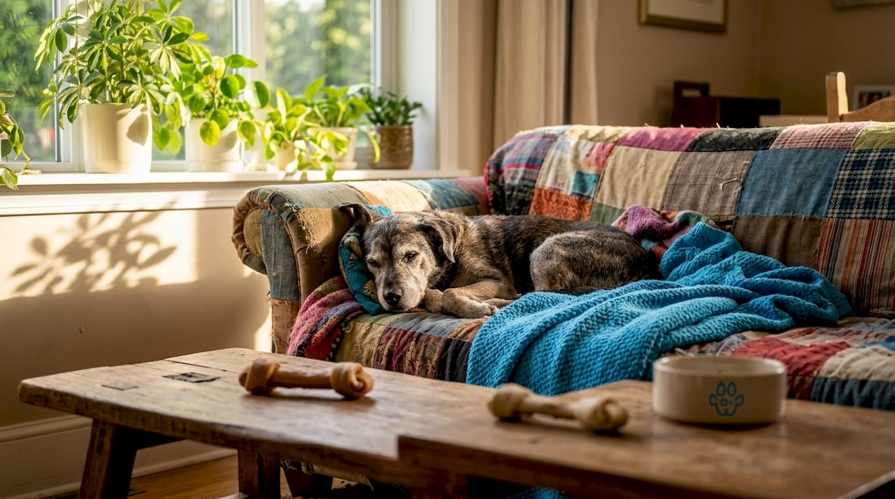 Dog relaxing on familiar living room couch