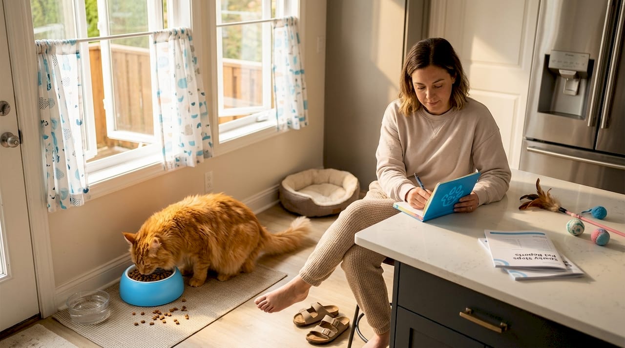 Cat being monitored while eating at home