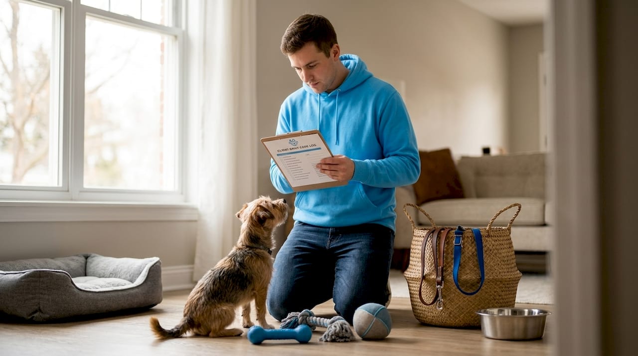Pet sitter reviewing checklist in kitchen