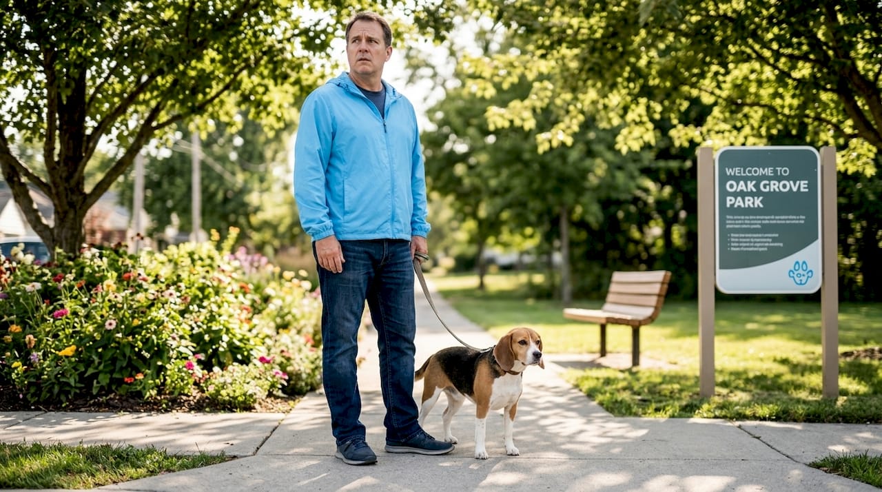 Unsure man and anxious beagle on city walk