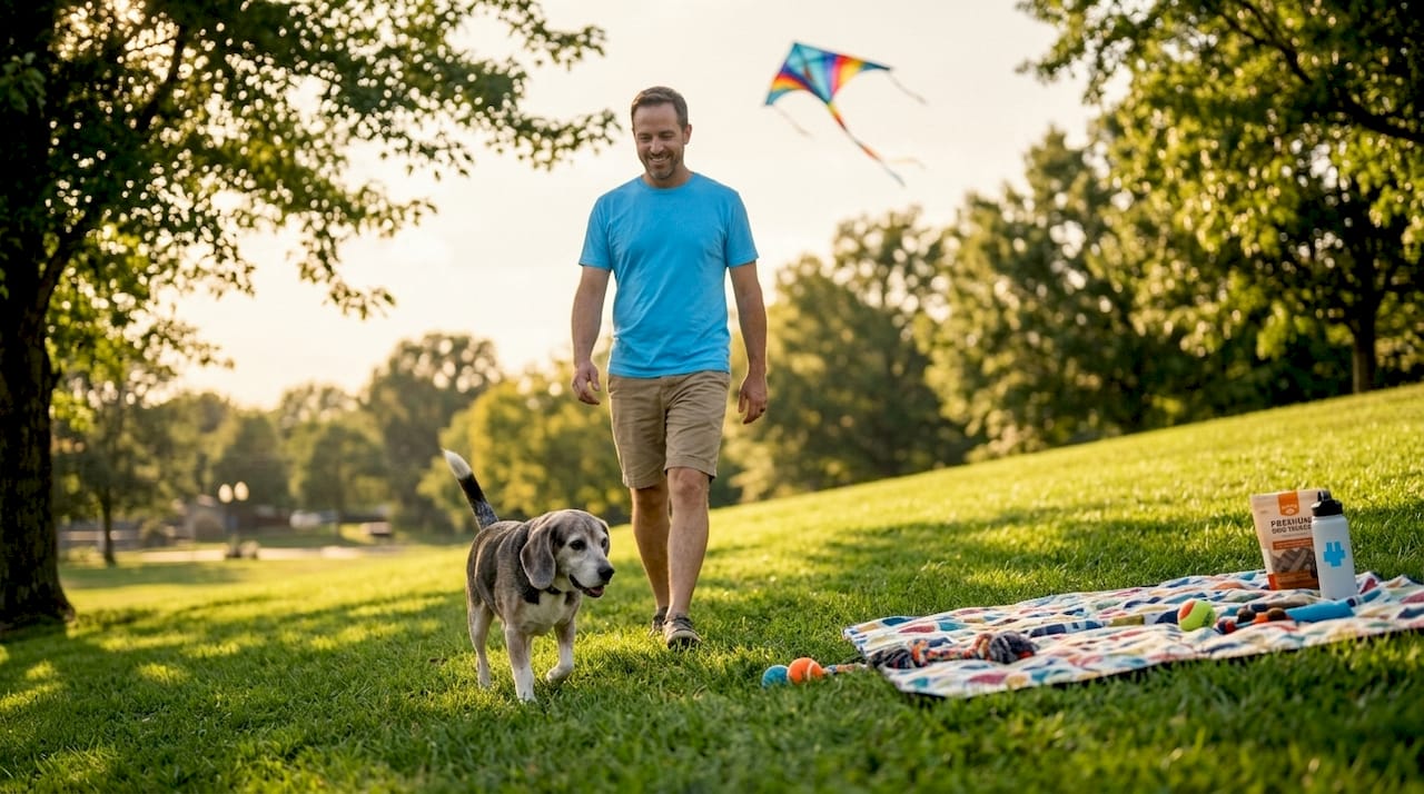 Older dog walking gently on grassy yard