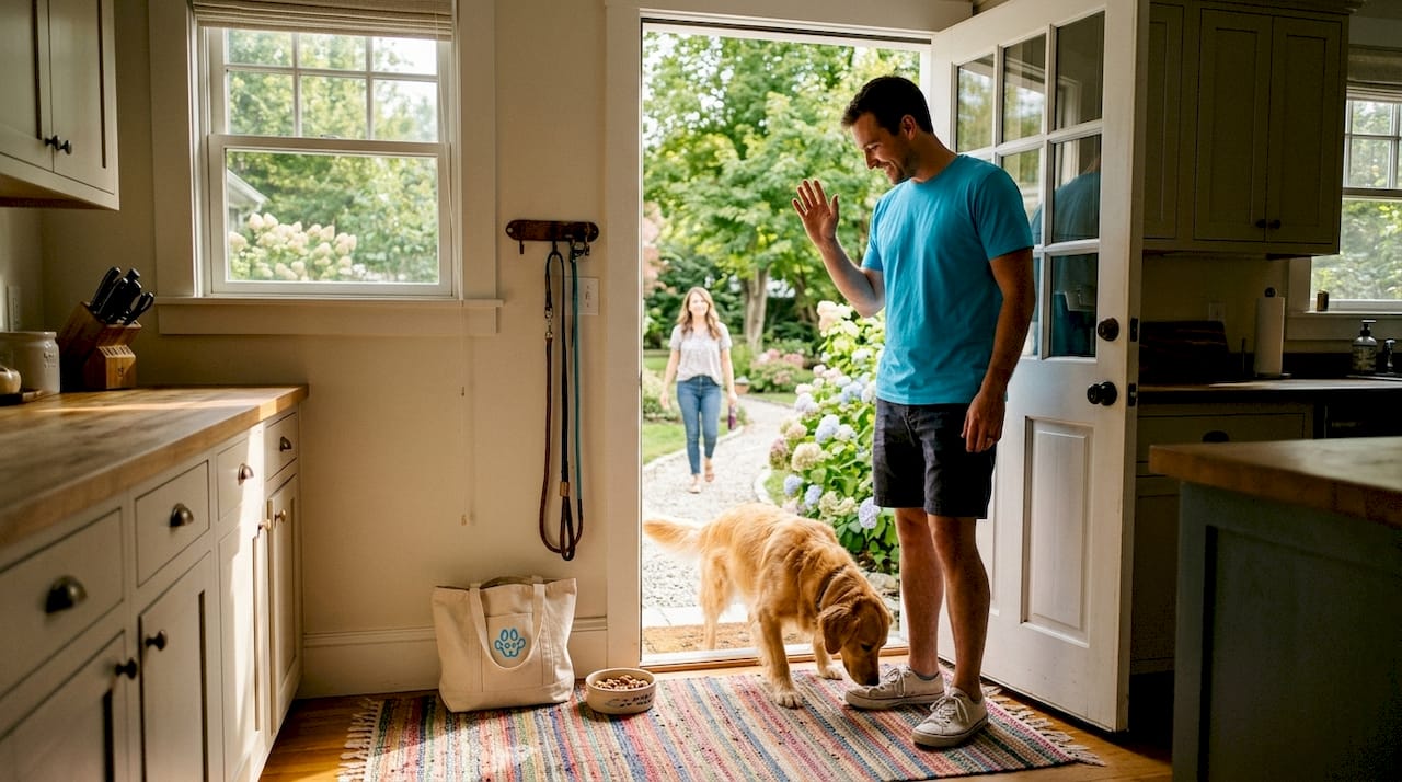 Pet sitter meeting owner in living room