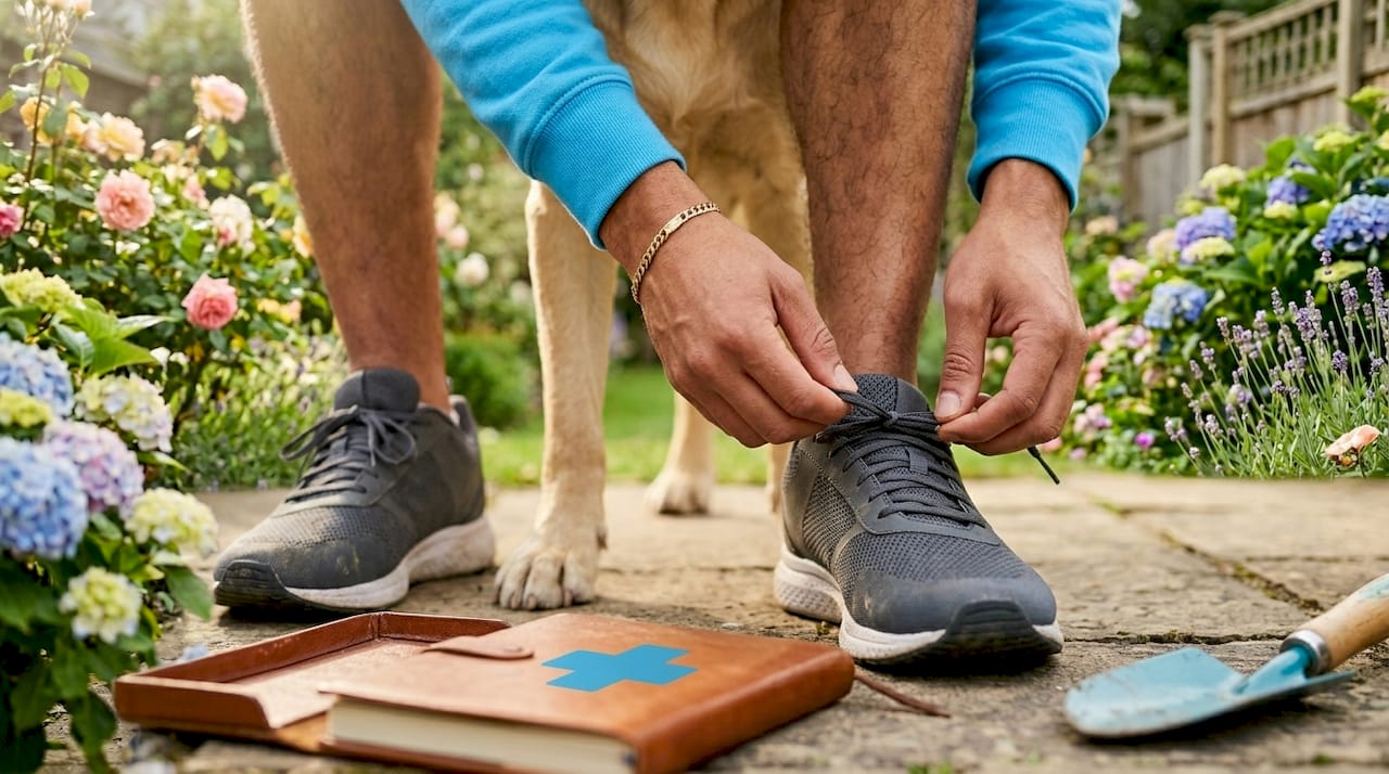 Dog walker preparing for last-minute walk
