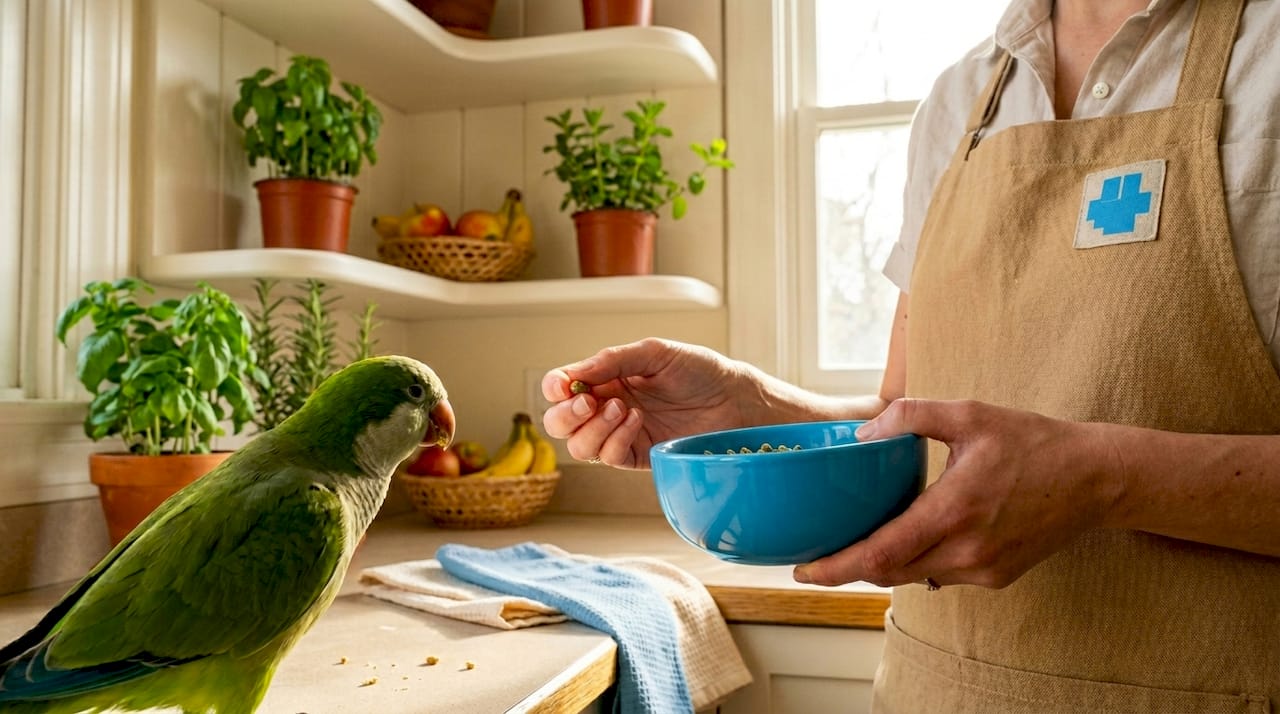 Feeding pet parrot pellet diet in kitchen
