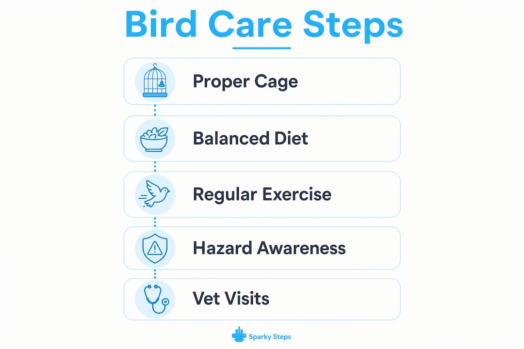 Infographic outlining step-by-step bird care essentials