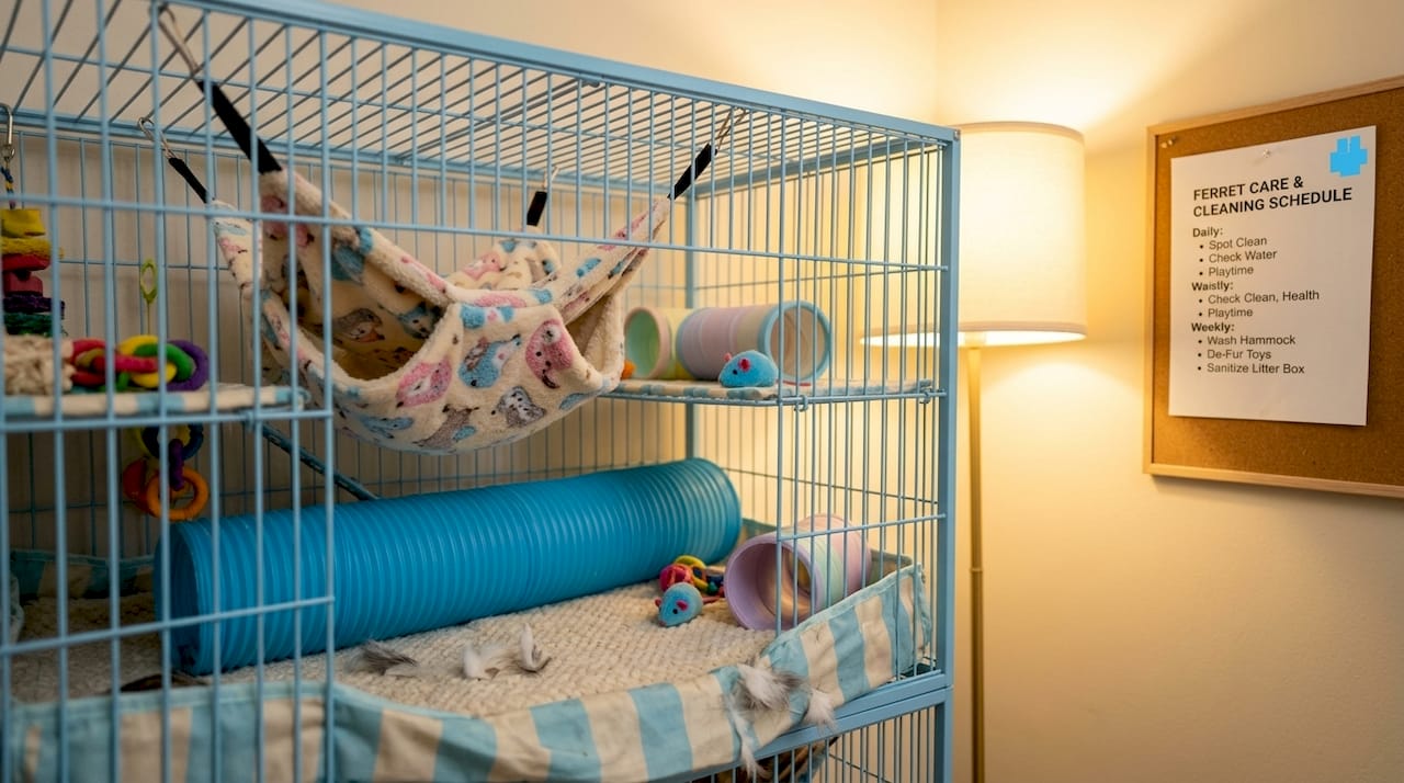 Chicago home ferret cage setup with toys and bedding