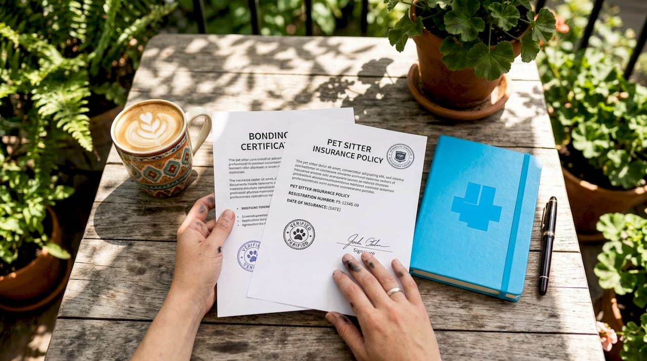Hands holding pet sitter bond and insurance papers