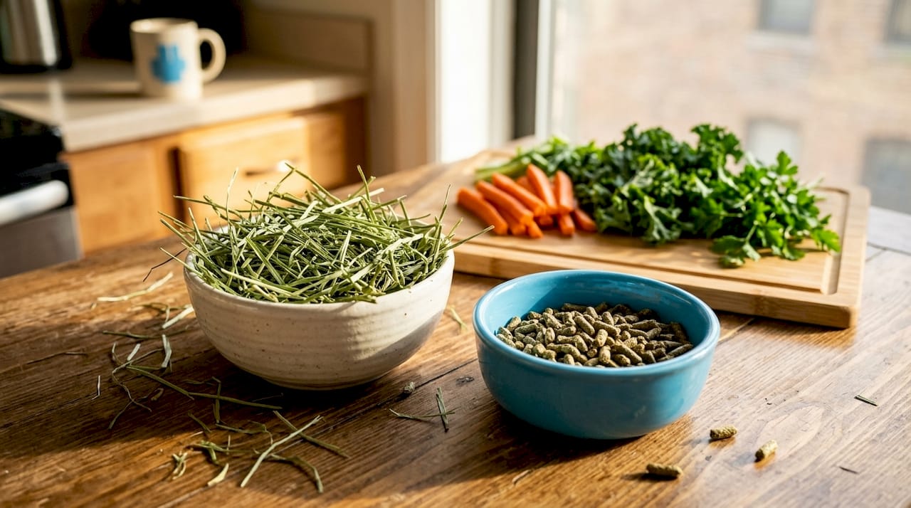 Rabbit diet food bowls with hay and pellets