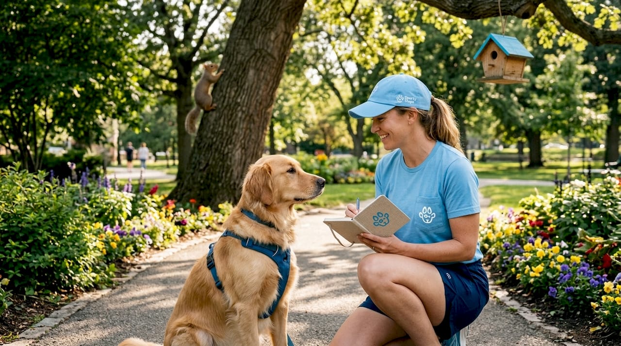 Dog walker observing and noting dog behavior