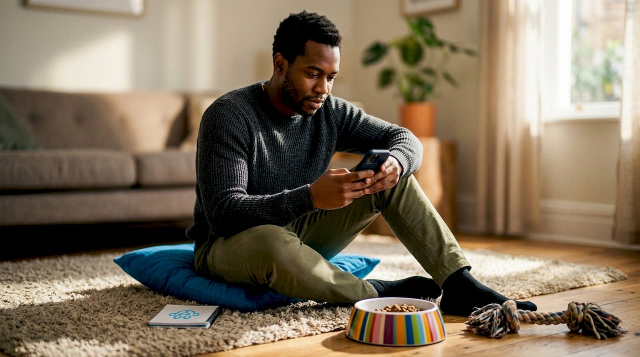 Man logging pet care notes on smartphone