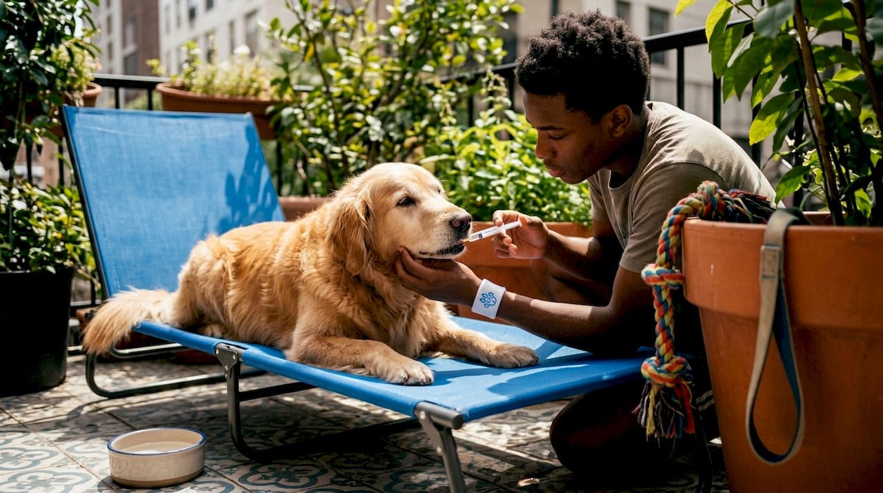 Pet sitter giving medication to dog in apartment