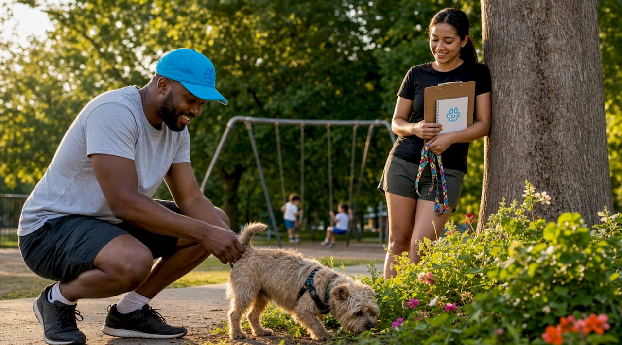 Dog walker and client discussing outside
