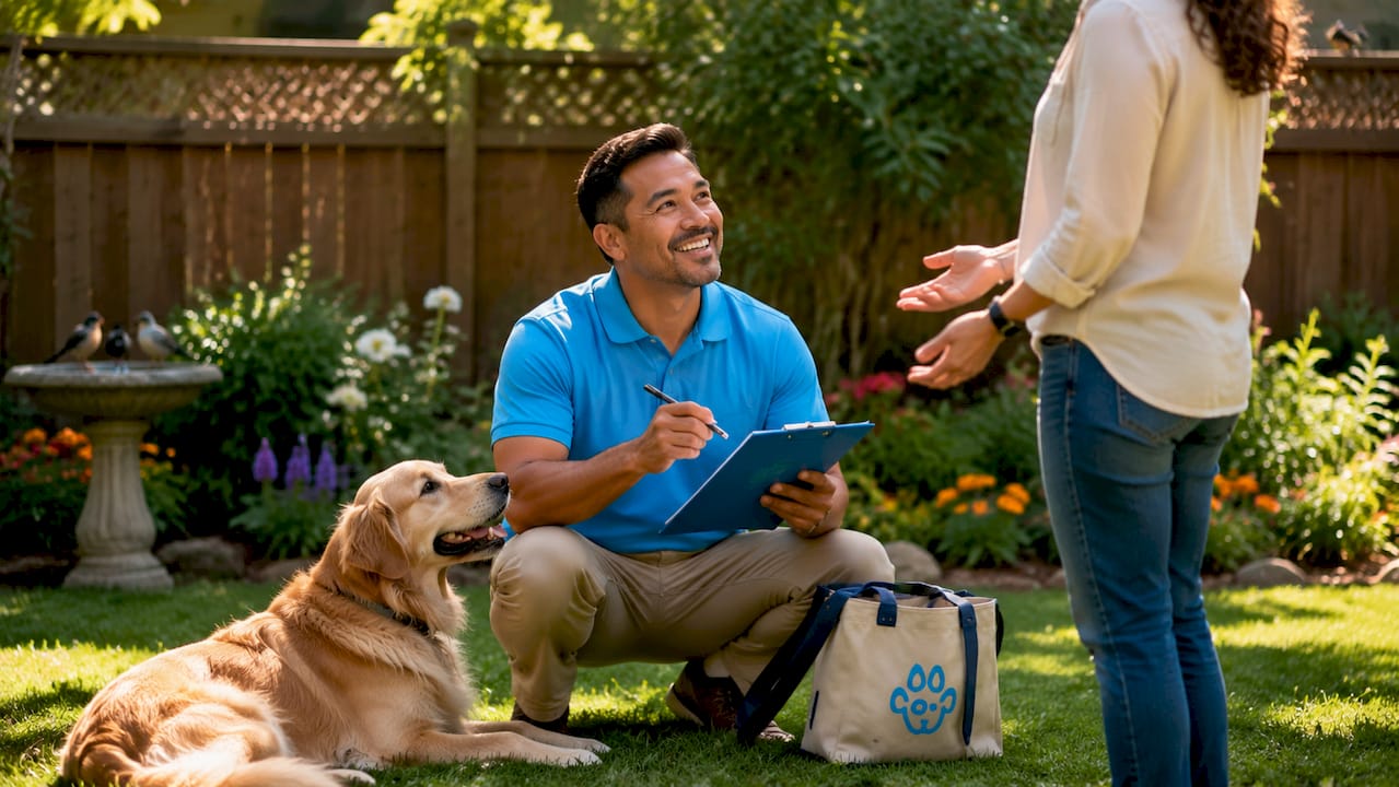 Pet sitter taking notes next to dog outdoors