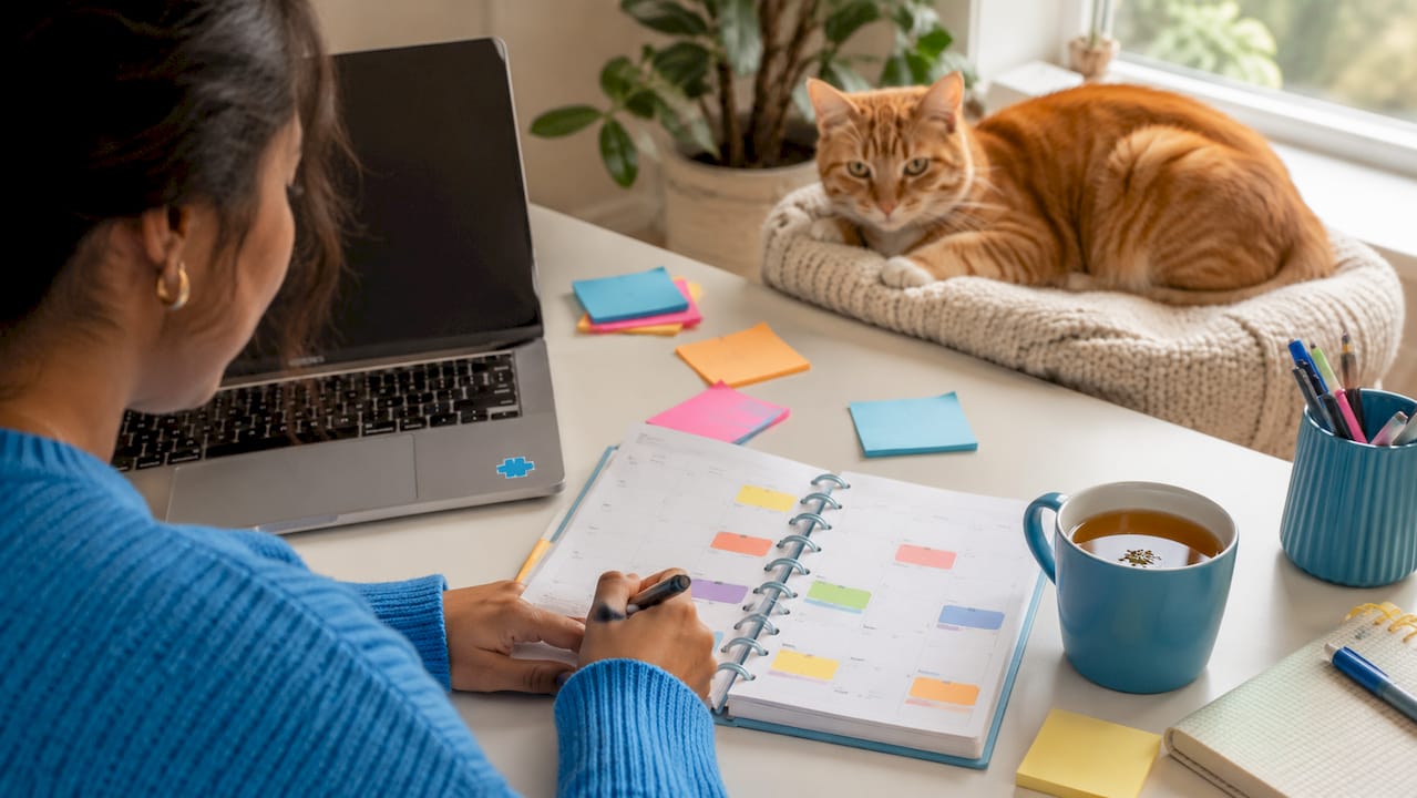 Workspace with pet care startup checklist and cat nearby