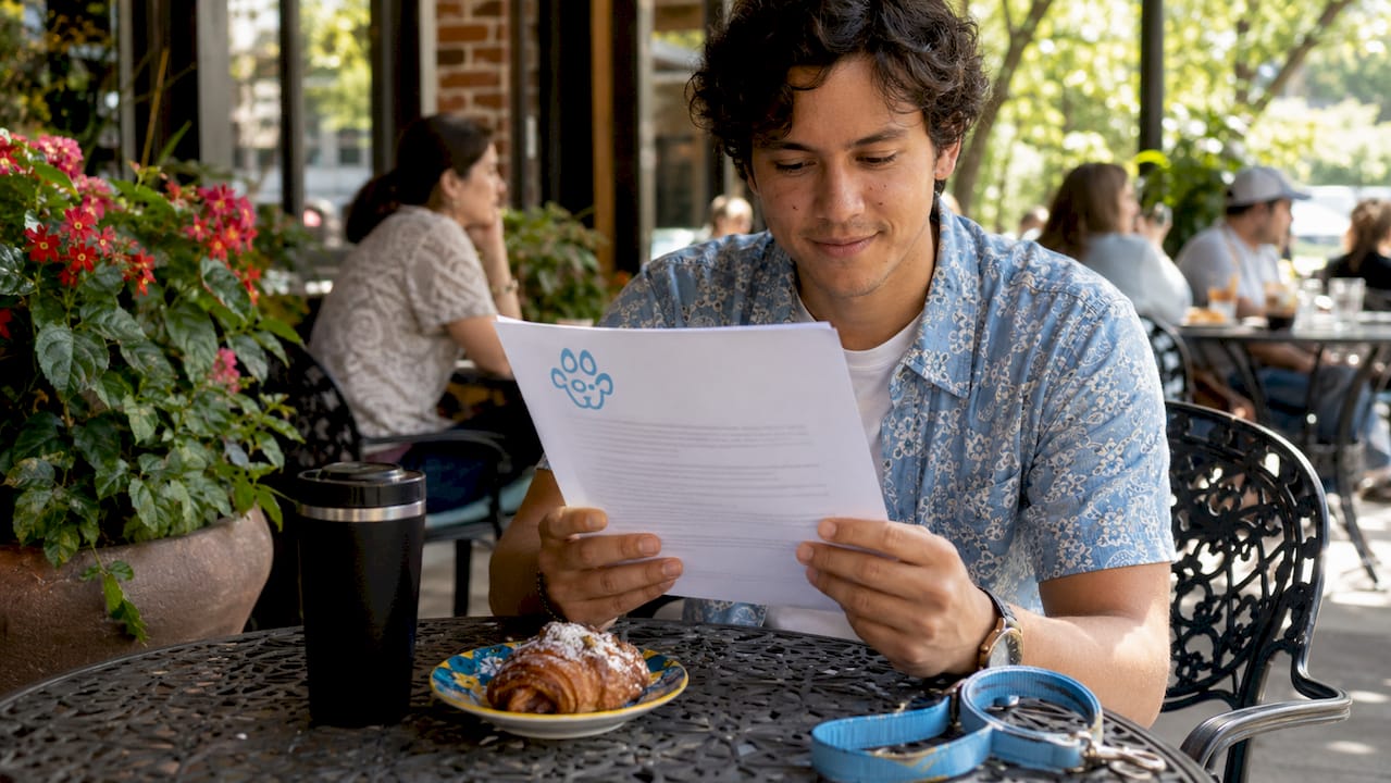 Male pet sitter reading pet insurance document in café