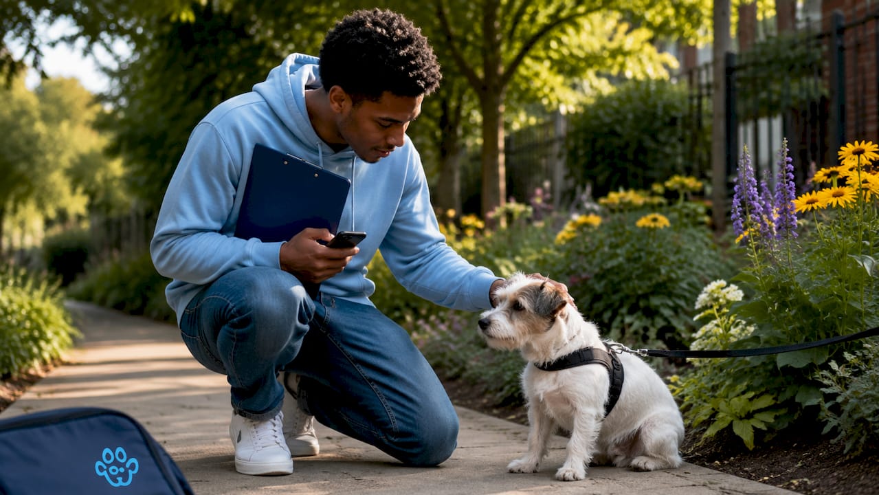 Pet sitter calming nervous dog outside