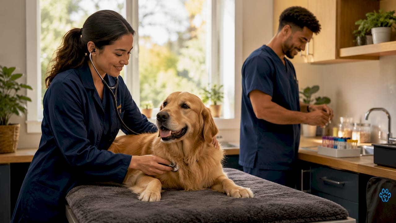 Veterinarian giving preventive care to golden retriever